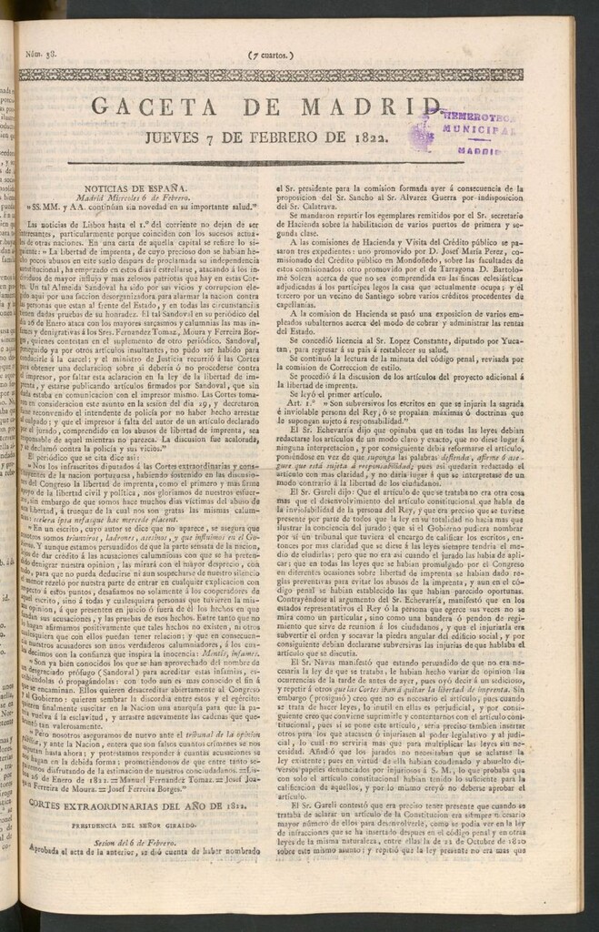 Miniatura de Gaceta de Madrid del 7 de febrero de 1822