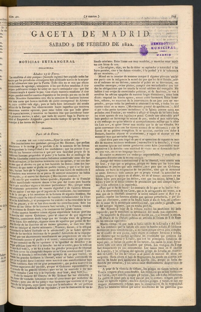 Miniatura de Gaceta de Madrid del 9 de febrero de 1822