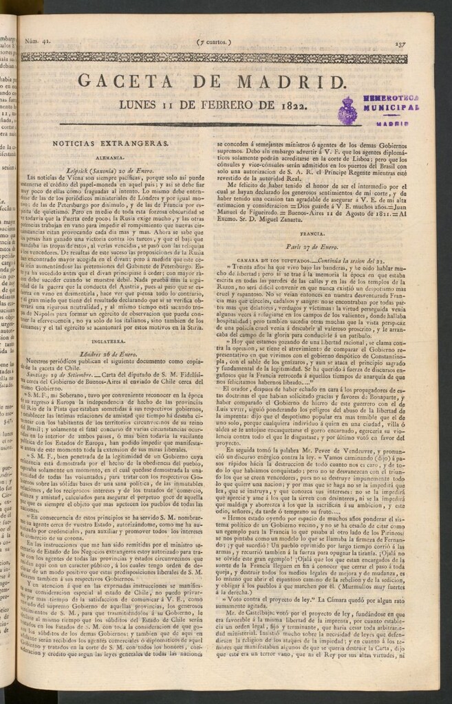 Miniatura de Gaceta de Madrid del 11 de febrero de 1822