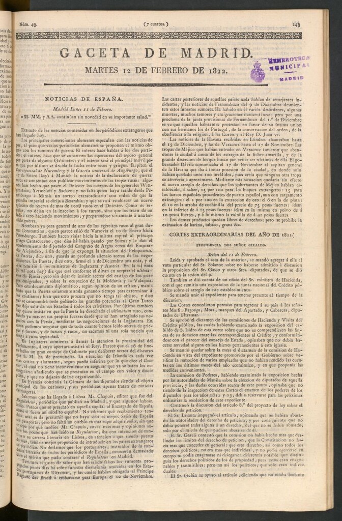 Miniatura de Gaceta de Madrid del 12 de febrero de 1822