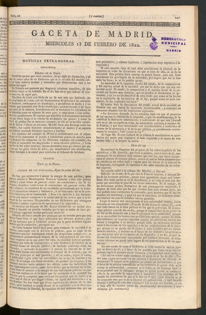 Miniatura de Gaceta de Madrid del 13 de febrero de 1822