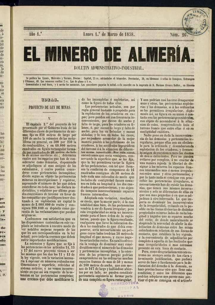 Miniatura de El Minero de Almería : boletín administrativo-industrial del 1 de marzo de 1858