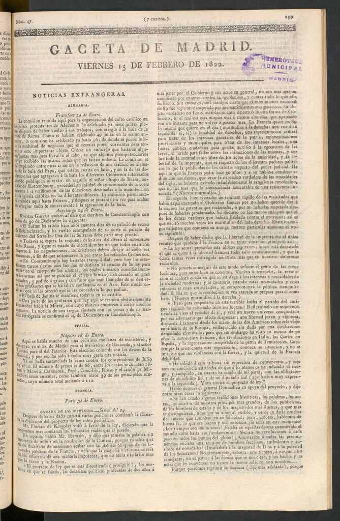 Miniatura de Gaceta de Madrid del 15 de febrero de 1822