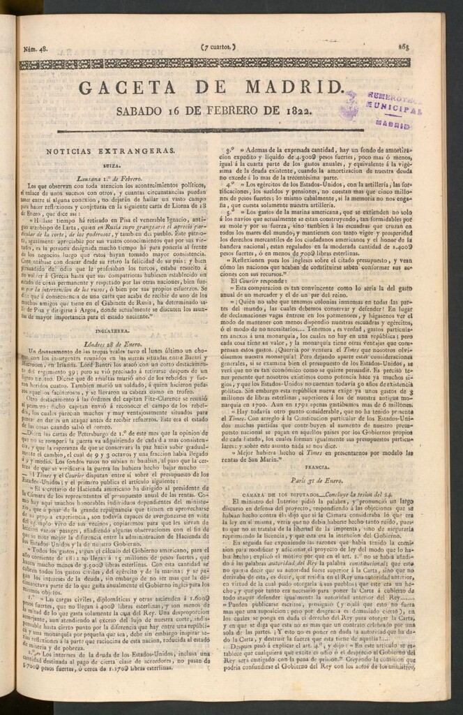 Miniatura de Gaceta de Madrid del 16 de febrero de 1822