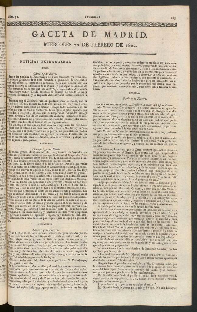 Miniatura de Gaceta de Madrid del 20 de febrero de 1822