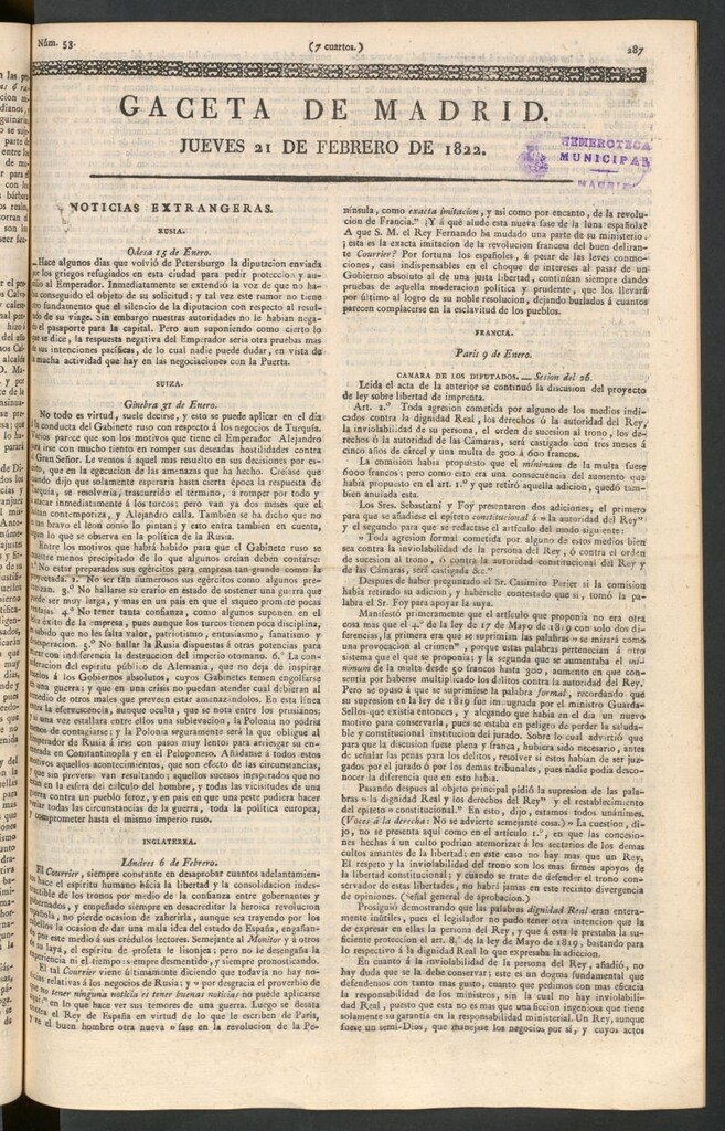 Miniatura de Gaceta de Madrid del 21 de febrero de 1822