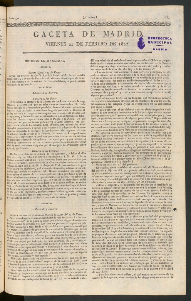 Miniatura de Gaceta de Madrid del 22 de febrero de 1822
