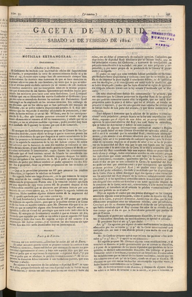 Miniatura de Gaceta de Madrid del 23 de febrero de 1822