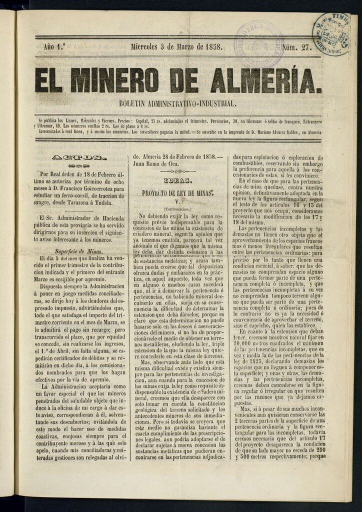Miniatura de El Minero de Almería : boletín administrativo-industrial del 3 de marzo de 1858