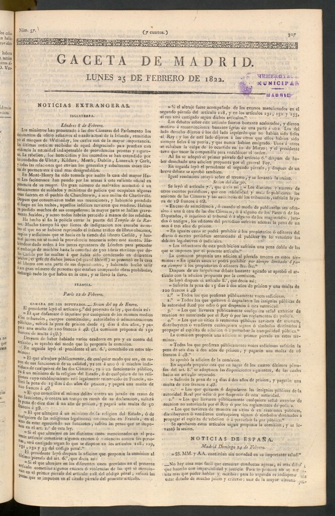 Miniatura de Gaceta de Madrid del 25 de febrero de 1822