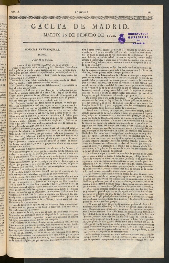 Miniatura de Gaceta de Madrid del 26 de febrero de 1822