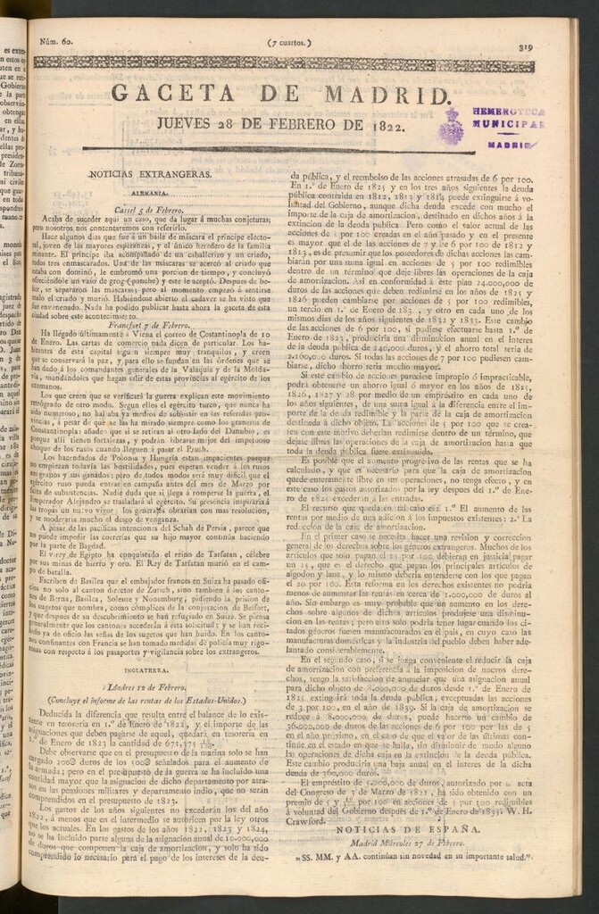 Miniatura de Gaceta de Madrid del 28 de febrero de 1822