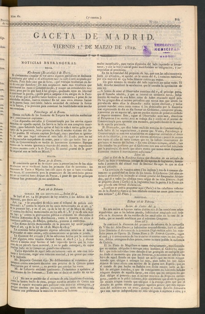 Miniatura de Gaceta de Madrid del 1 de marzo de 1822