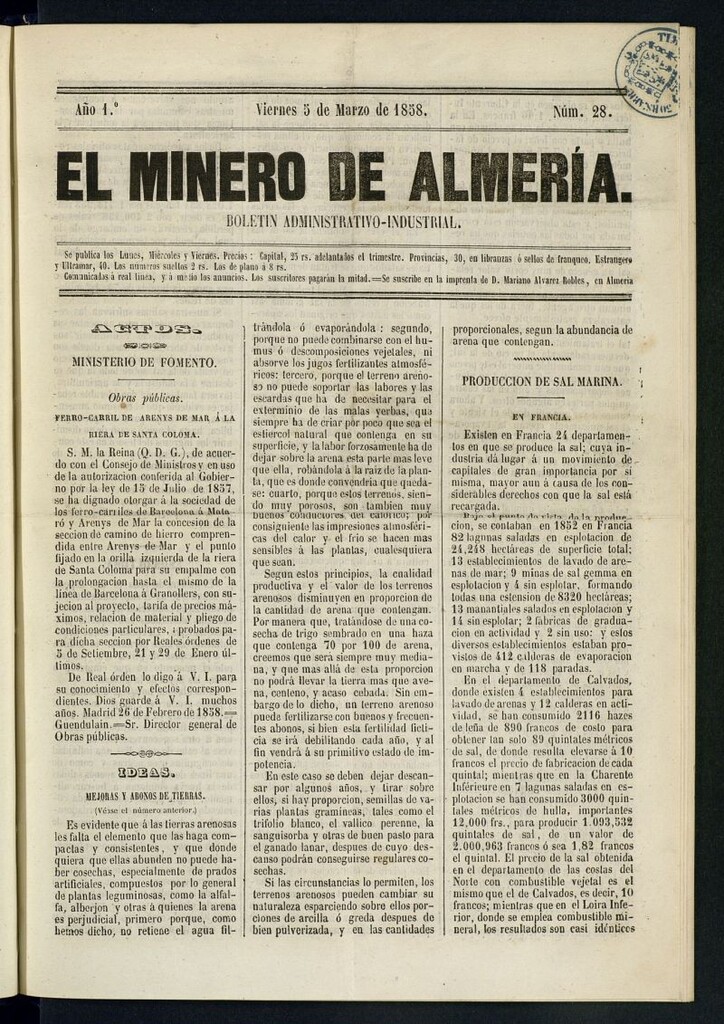 Miniatura de El Minero de Almería : boletín administrativo-industrial del 5 de marzo de 1858
