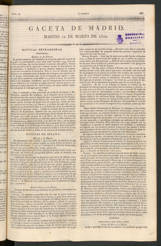 Miniatura de Gaceta de Madrid del 12 de marzo de 1822