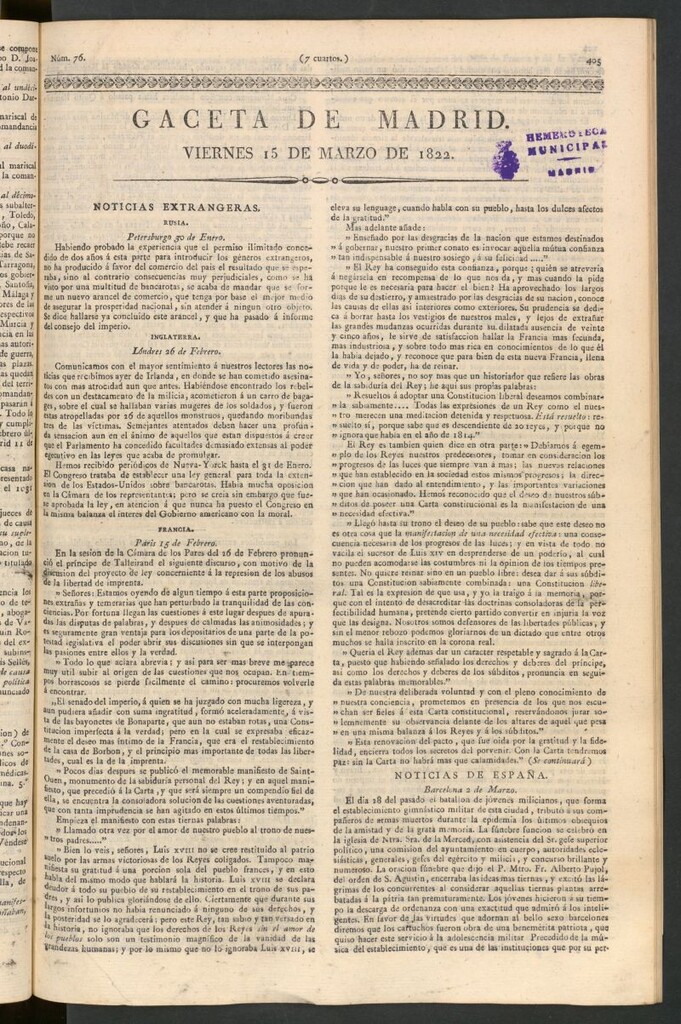 Miniatura de Gaceta de Madrid del 15 de marzo de 1822