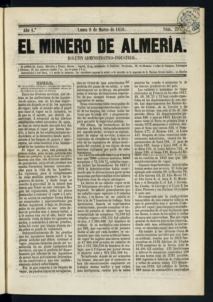 Miniatura de El Minero de Almería : boletín administrativo-industrial del 8 de marzo de 1858