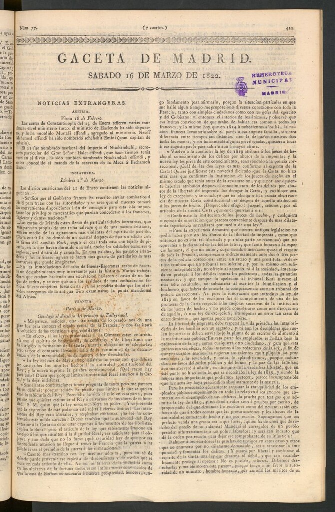 Miniatura de Gaceta de Madrid del 16 de marzo de 1822