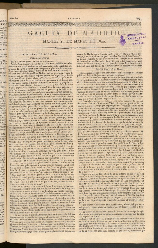 Miniatura de Gaceta de Madrid del 19 de marzo de 1822