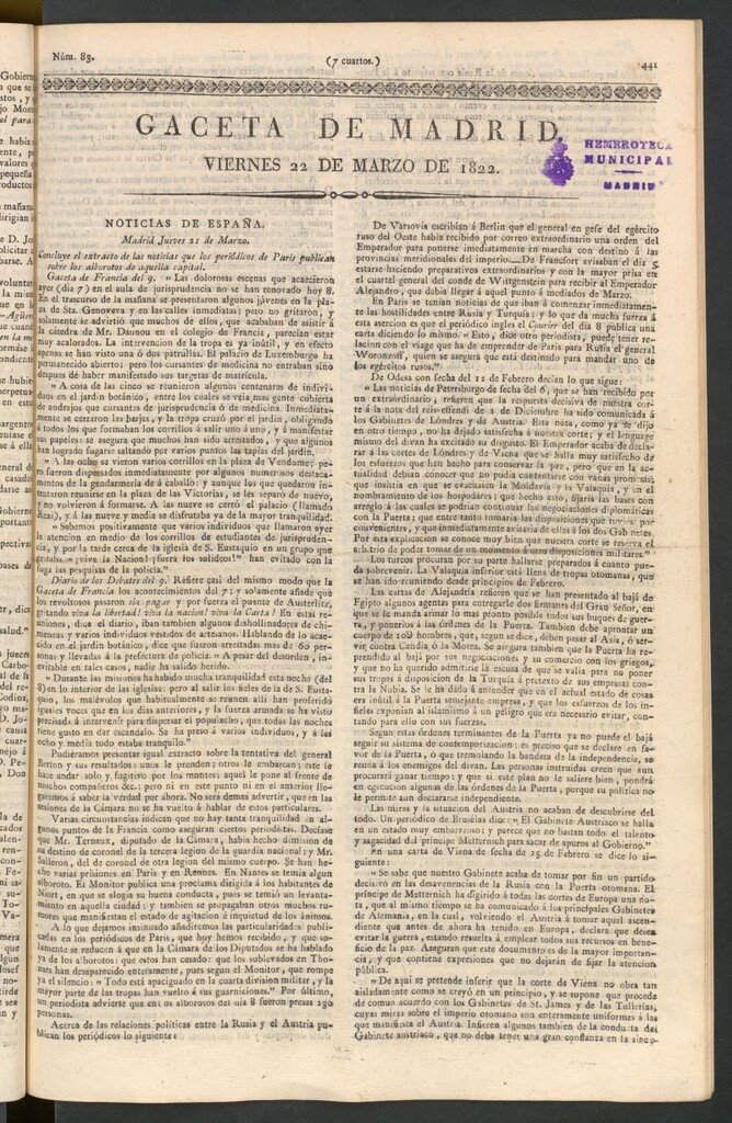 Miniatura de Gaceta de Madrid del 22 de marzo de 1822