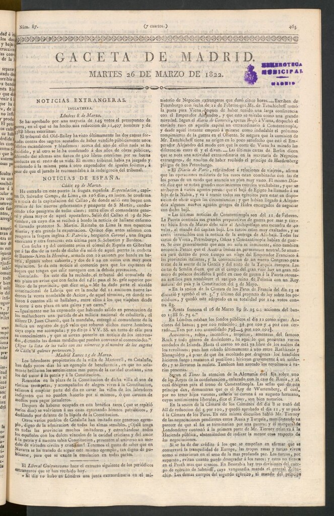 Miniatura de Gaceta de Madrid del 26 de marzo de 1822