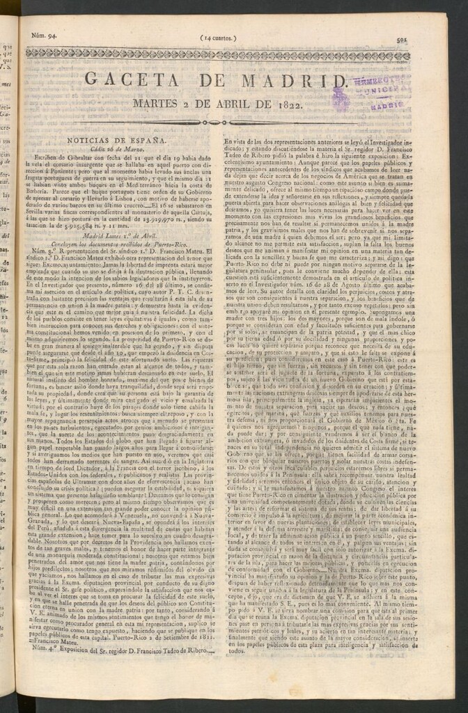 Miniatura de Gaceta de Madrid del 2 de abril de 1822