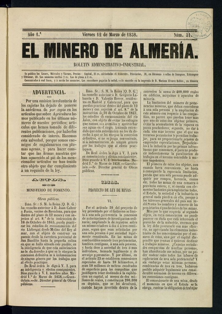 Miniatura de El Minero de Almería : boletín administrativo-industrial del 12 de marzo de 1858