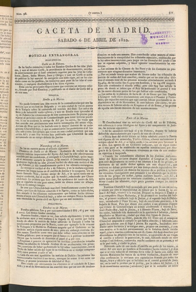Miniatura de Gaceta de Madrid del 6 de abril de 1822