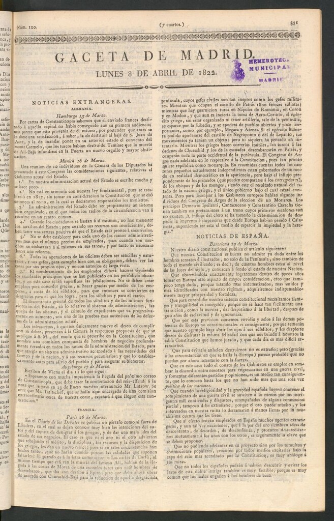Miniatura de Gaceta de Madrid del 8 de abril de 1822