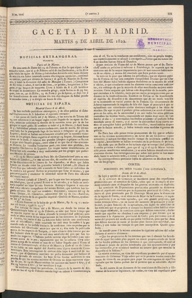 Miniatura de Gaceta de Madrid del 9 de abril de 1822