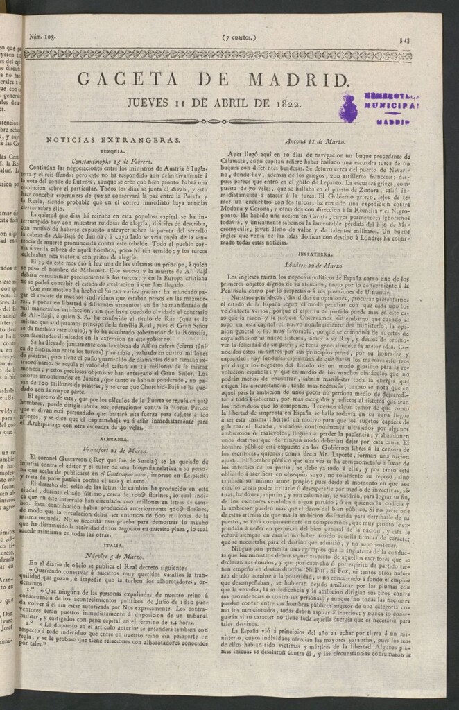 Miniatura de Gaceta de Madrid del 11 de abril de 1822