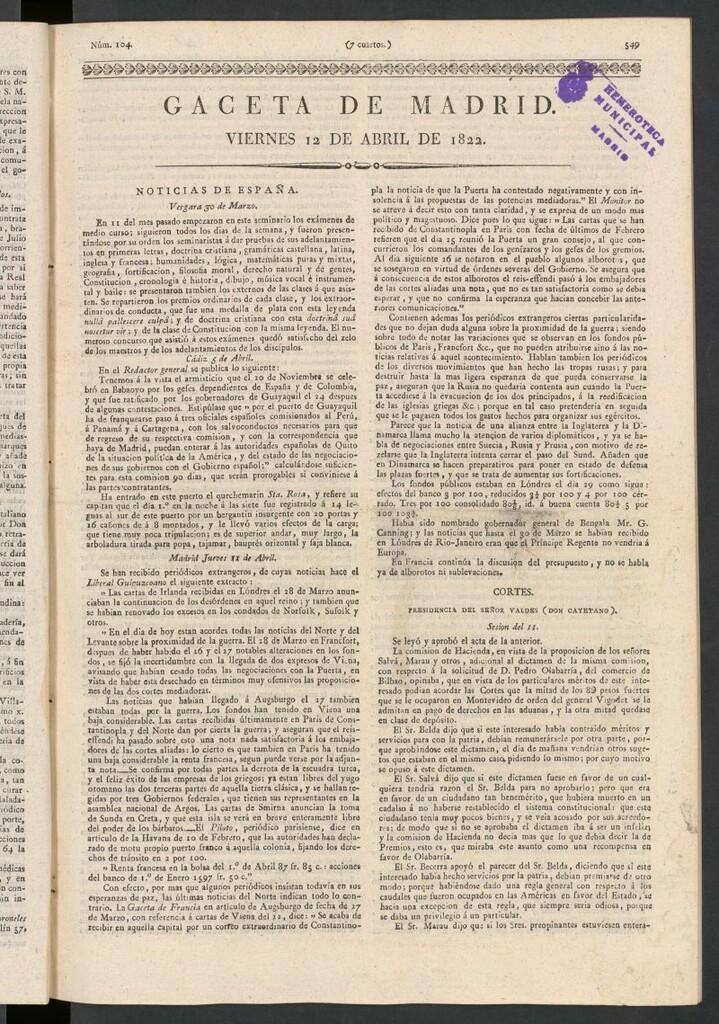Miniatura de Gaceta de Madrid del 12 de abril de 1822