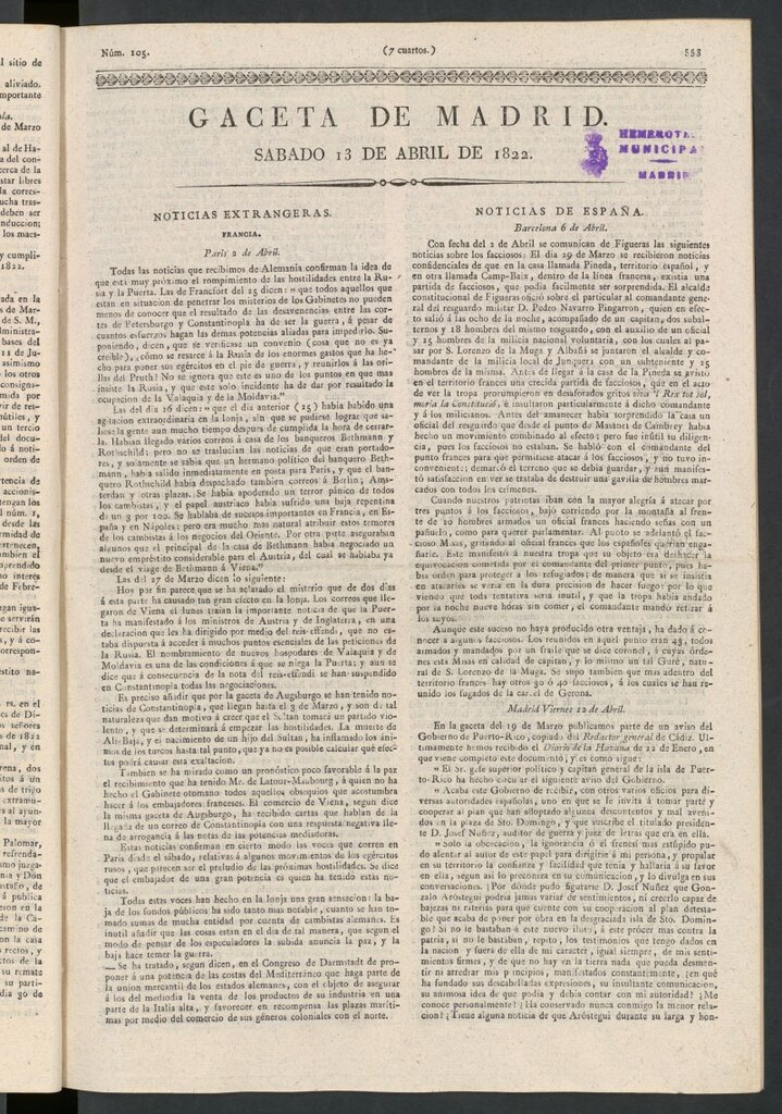 Miniatura de Gaceta de Madrid del 13 de abril de 1822