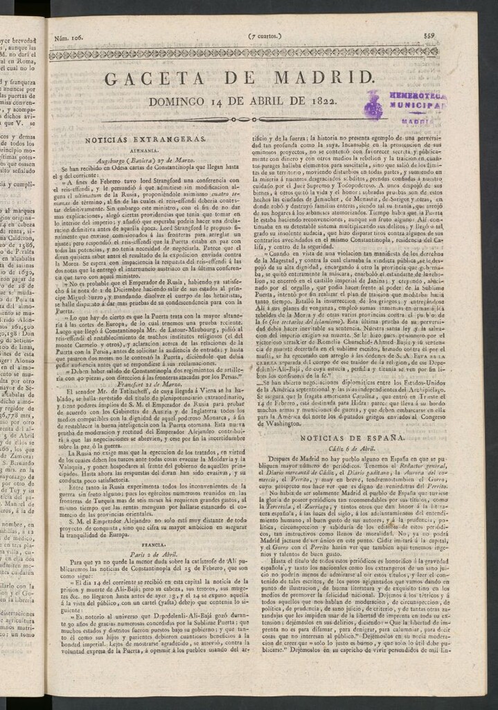 Miniatura de Gaceta de Madrid del 14 de abril de 1822