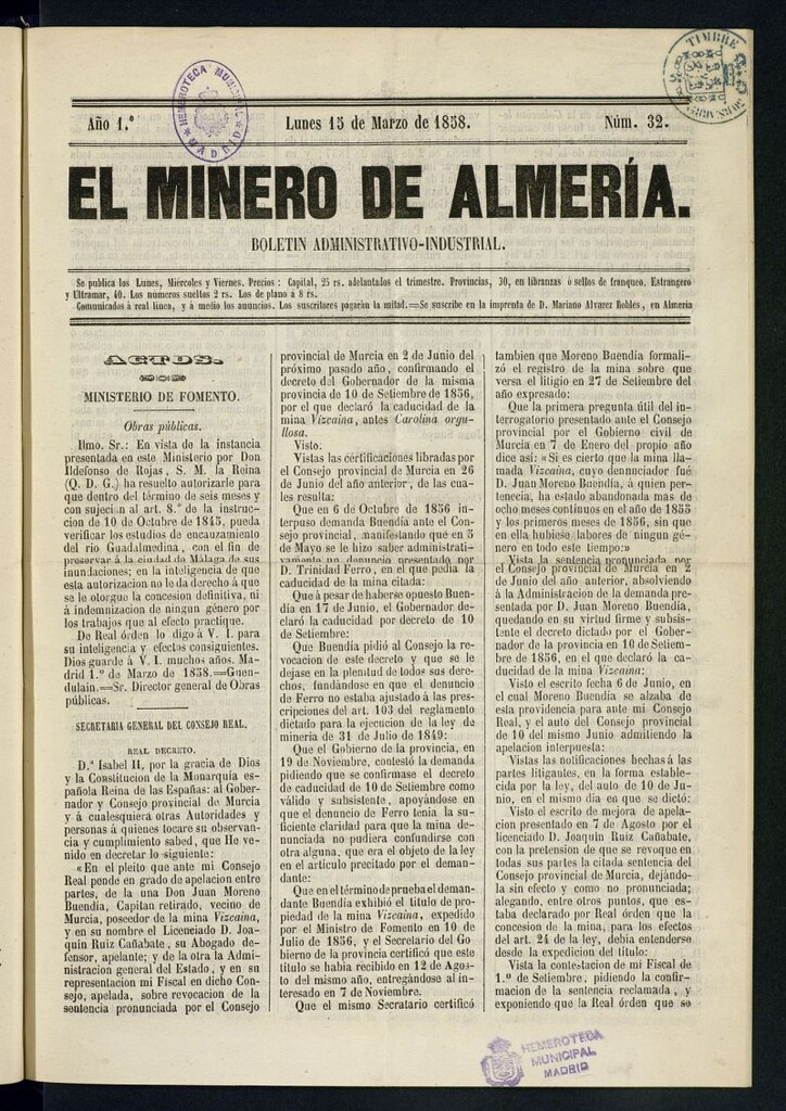 Miniatura de El Minero de Almería : boletín administrativo-industrial del 15 de marzo de 1858