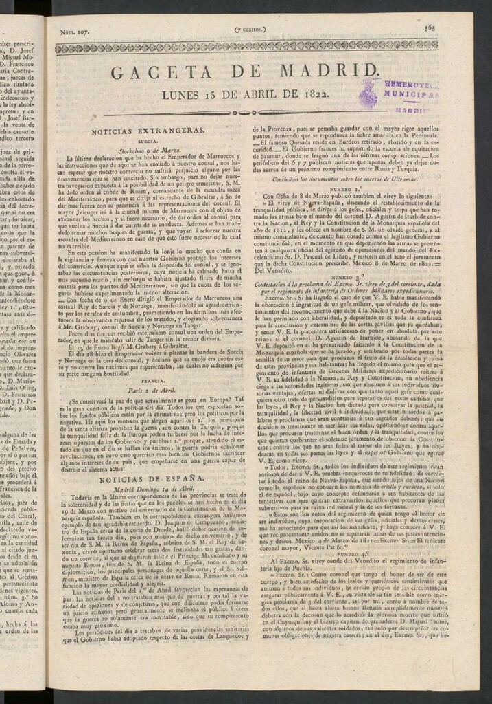 Miniatura de Gaceta de Madrid del 15 de abril de 1822