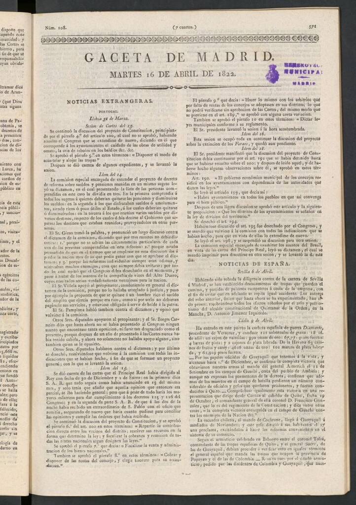 Miniatura de Gaceta de Madrid del 16 de abril de 1822