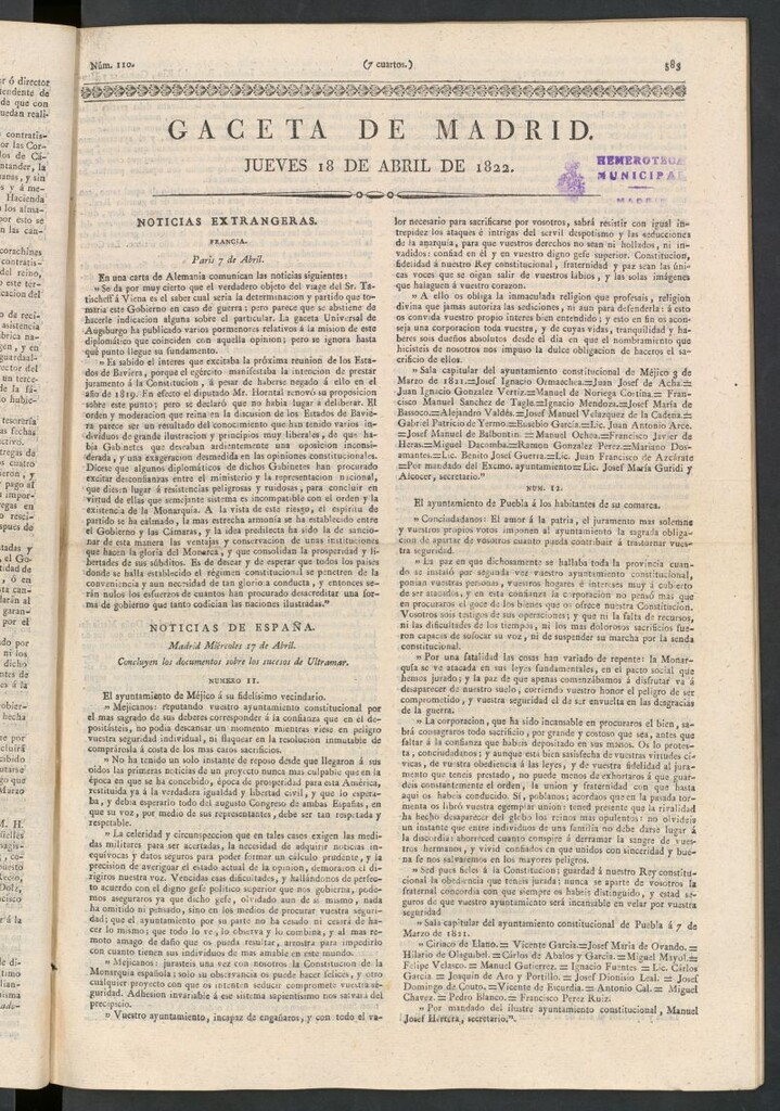 Miniatura de Gaceta de Madrid del 18 de abril de 1822