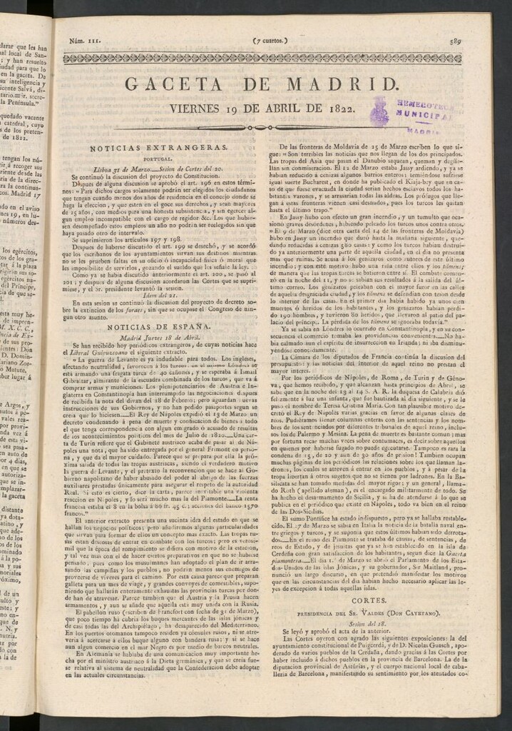 Miniatura de Gaceta de Madrid del 19 de abril de 1822
