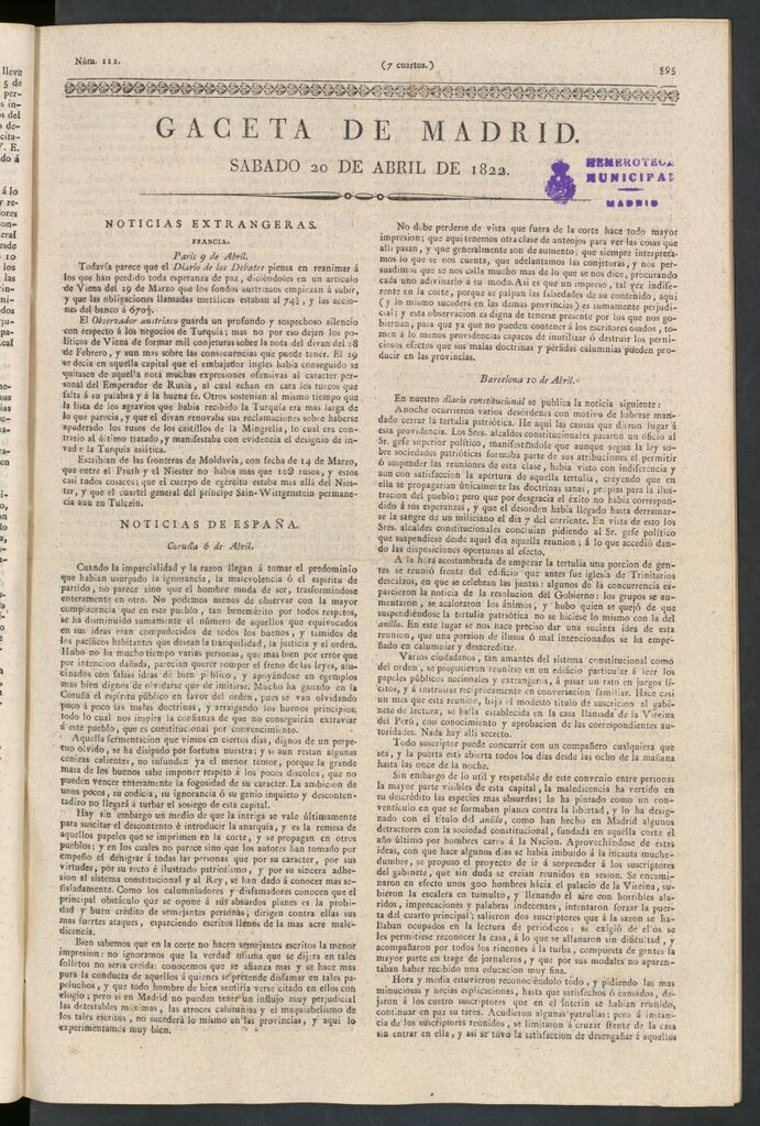 Miniatura de Gaceta de Madrid del 20 de abril de 1822