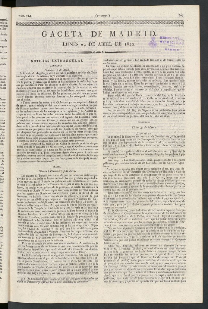 Miniatura de Gaceta de Madrid del 22 de abril de 1822