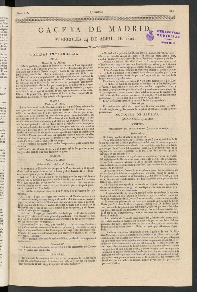 Miniatura de Gaceta de Madrid del 24 de abril de 1822