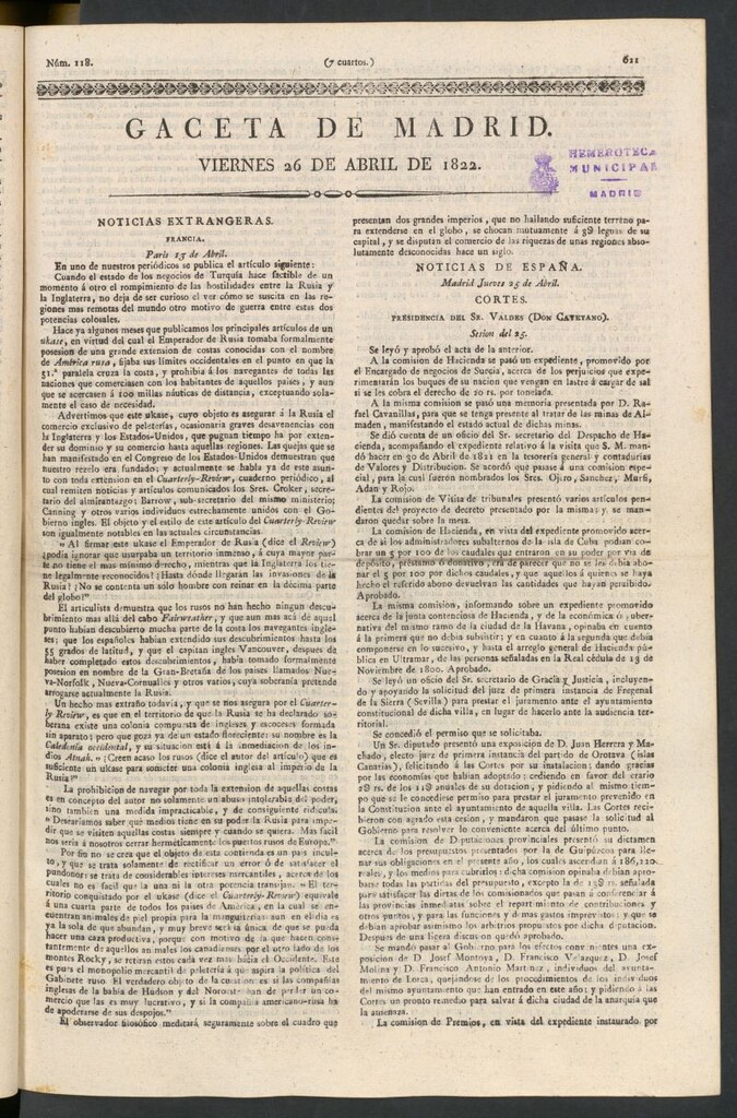Miniatura de Gaceta de Madrid del 26 de abril de 1822