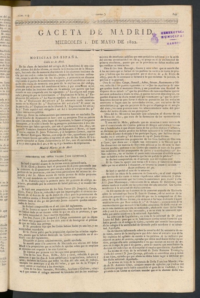 Miniatura de Gaceta de Madrid del 1 de mayo de 1822