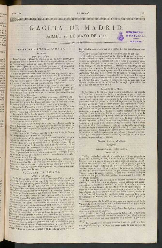 Miniatura de Gaceta de Madrid del 18 de mayo de 1822
