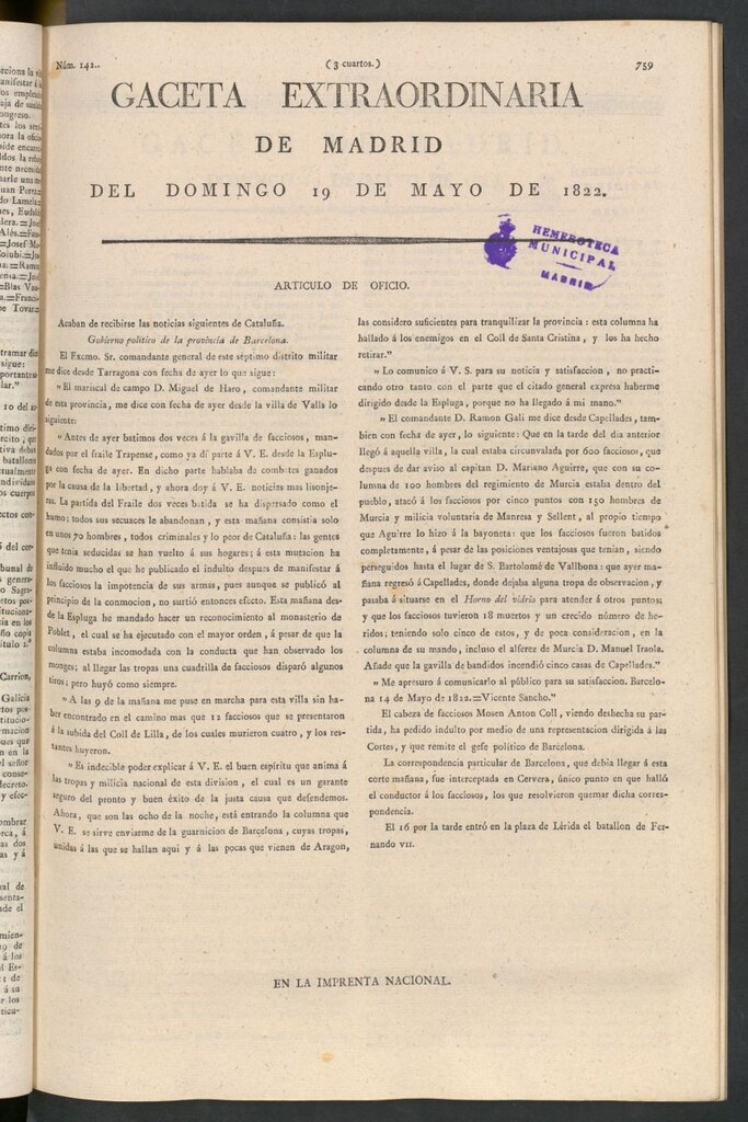 Miniatura de Gaceta de Madrid del 19 de mayo de 1822. Gaceta extraordinaria