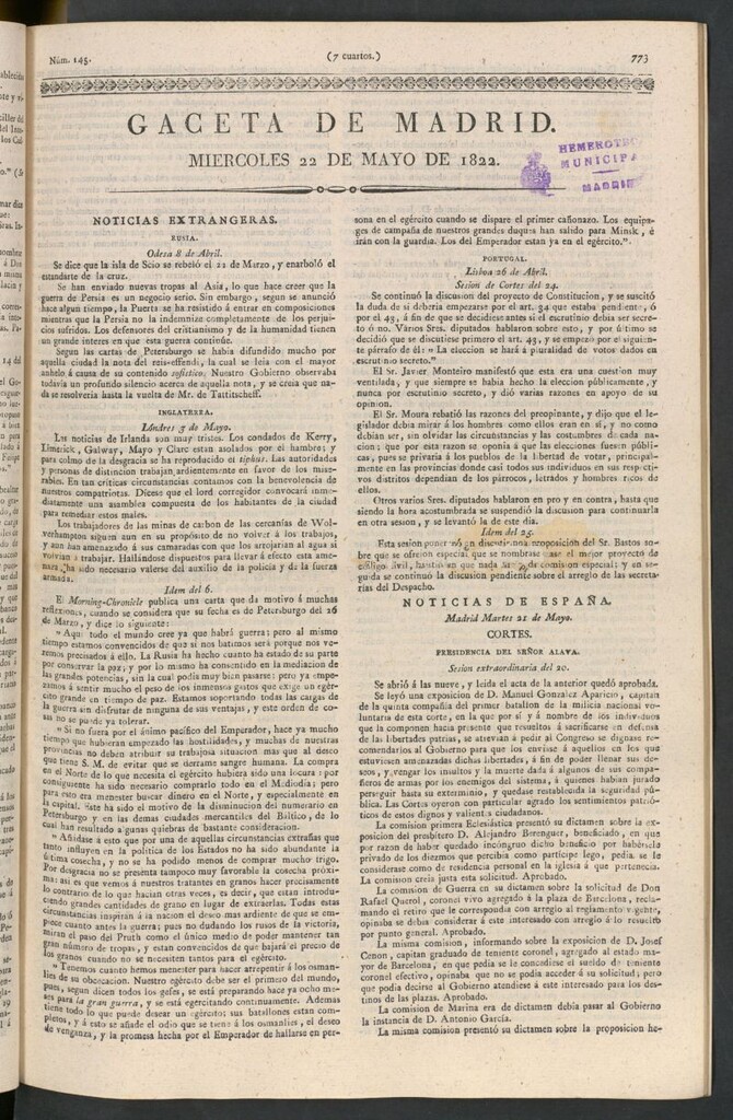 Miniatura de Gaceta de Madrid del 22 de mayo de 1822