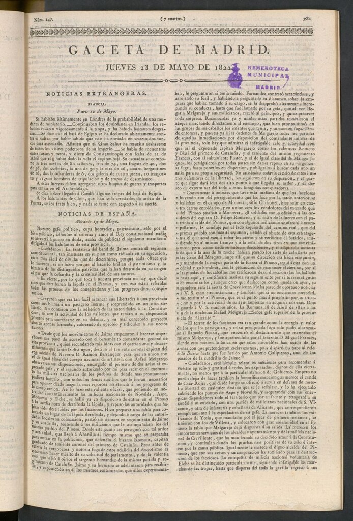 Miniatura de Gaceta de Madrid del 23 de mayo de 1822