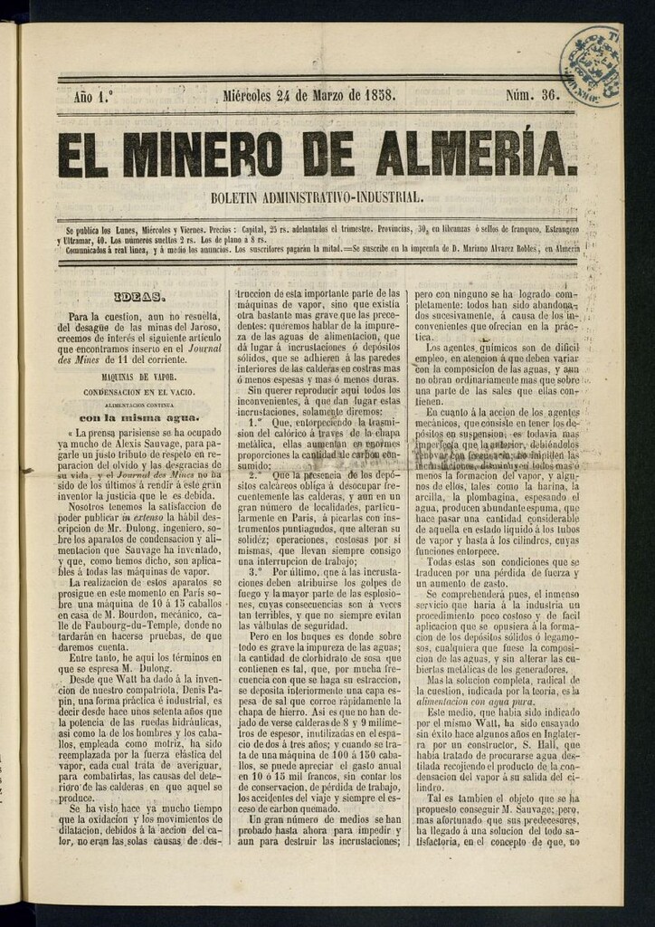 Miniatura de El Minero de Almería : boletín administrativo-industrial del 24 de marzo de 1858