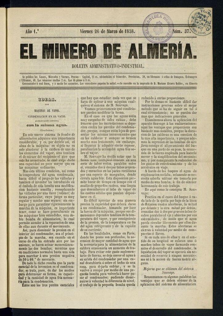 Miniatura de El Minero de Almería : boletín administrativo-industrial del 26 de marzo de 1858